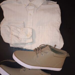 🆕👔Long Sleeve Every Day Wear Button-Down Shirt, Striped Tan/White